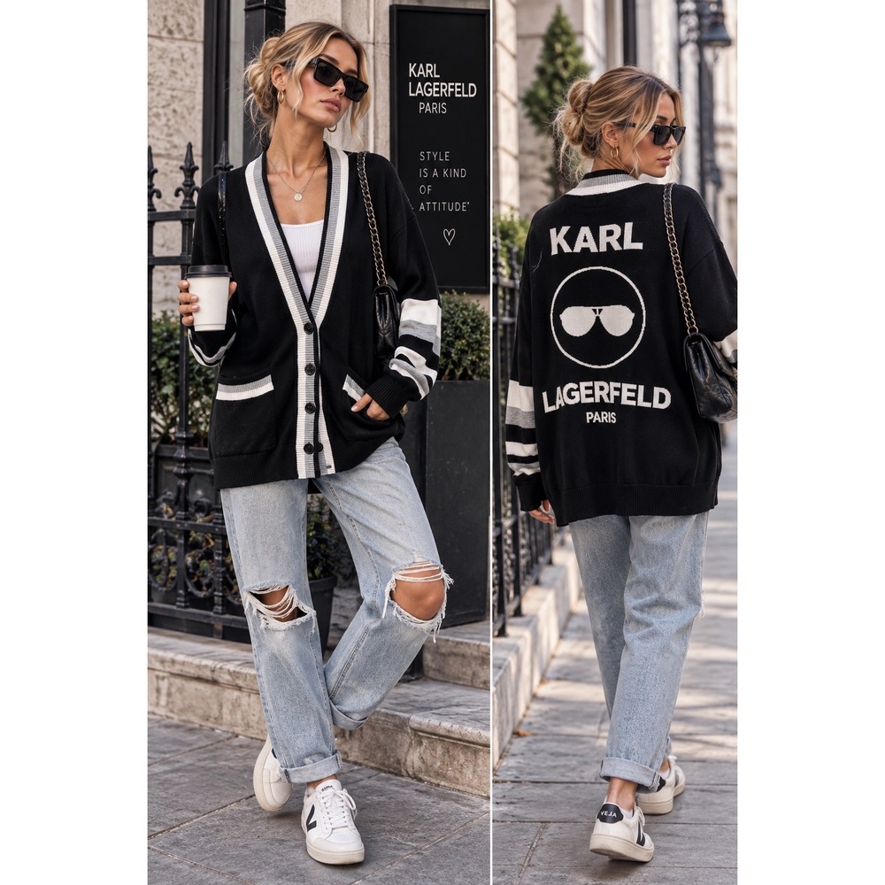 Karl Lagerfeld Paris Cardigan S Black White Varsity Giant Back Logo Graphic